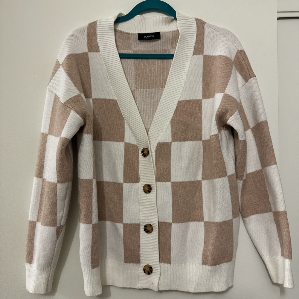 Tan and White Checkered Cardigan